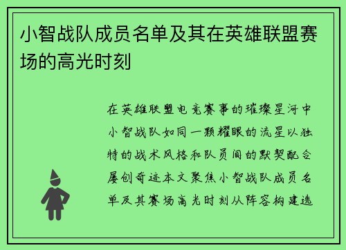 小智战队成员名单及其在英雄联盟赛场的高光时刻